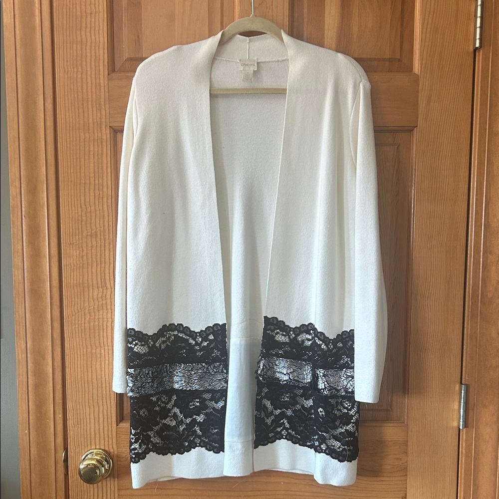 Chico's Winter White Knit Cardigan with Lace and Fur Embellishment